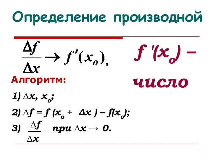 Определение производной f ′(xо) – число Алгоритм: 1) ∆х, хо; 2)