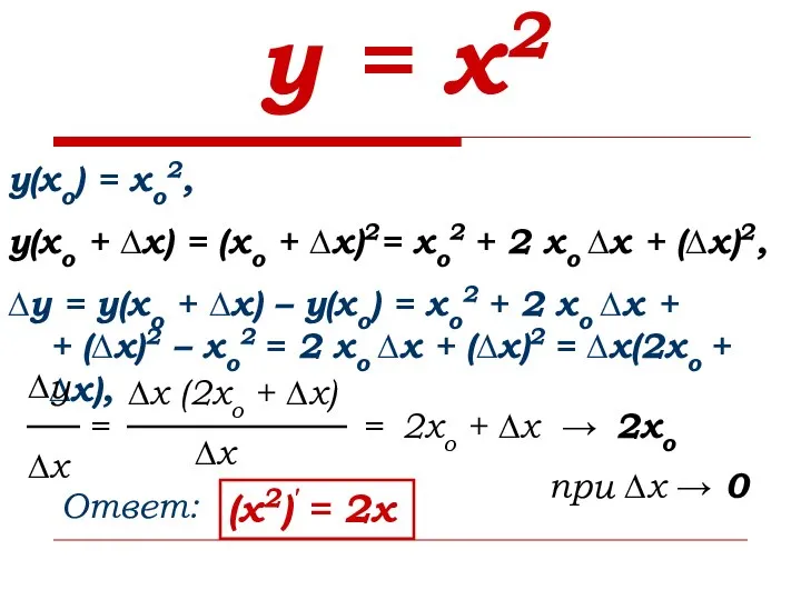 у = х2 у(хо) = хо2, у(хо + ∆х) = (хо