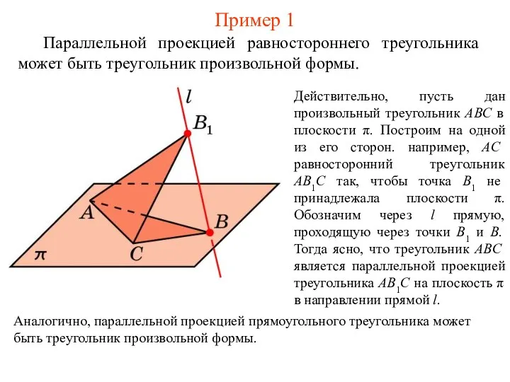 Пример 1 Параллельной проекцией равностороннего треугольника может быть треугольник произвольной формы.