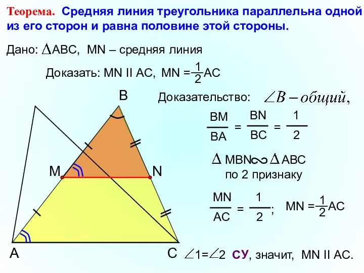 Теорема. Средняя линия треугольника параллельна одной из его сторон и равна