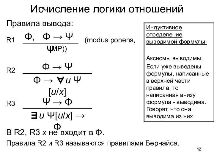 Исчисление логики отношений Правила вывода: R1 (modus ponens, (MP)) R2 R3