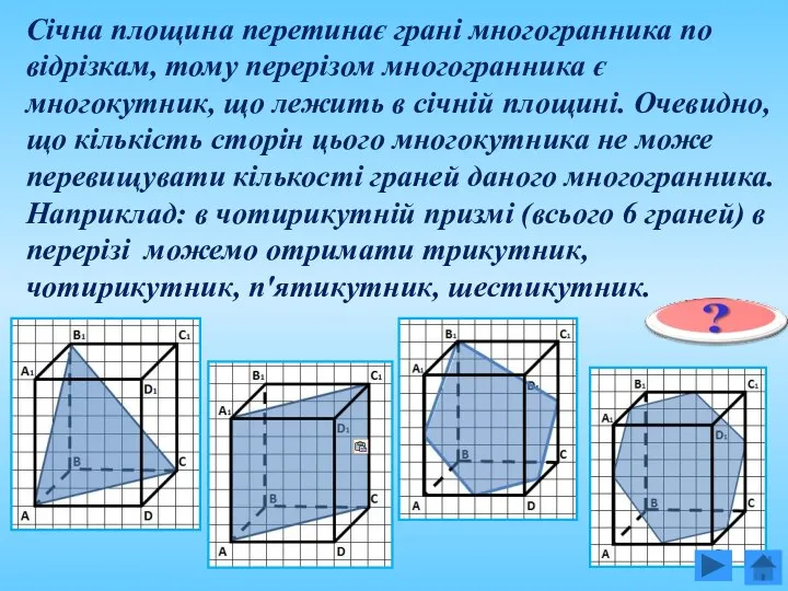 Січна площина перетинає грані многогранника по відрізкам, тому перерізом многогранника є