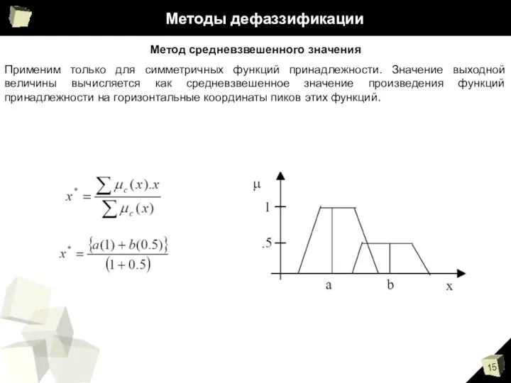 Методы дефаззификации Метод средневзвешенного значения Применим только для симметричных функций принадлежности.