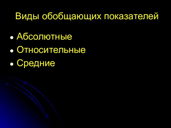 Виды обобщающих показателей Абсолютные Относительные Средние