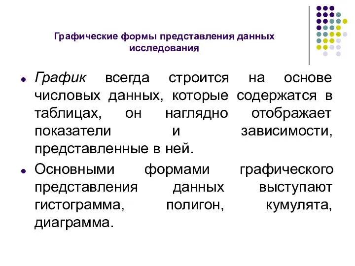 Графические формы представления данных исследования График всегда строится на основе числовых