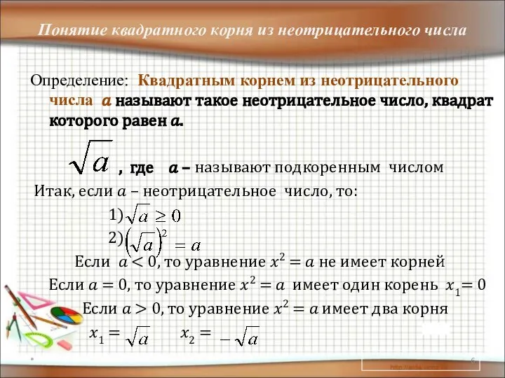 Понятие квадратного корня из неотрицательного числа Определение: Квадратным корнем из неотрицательного