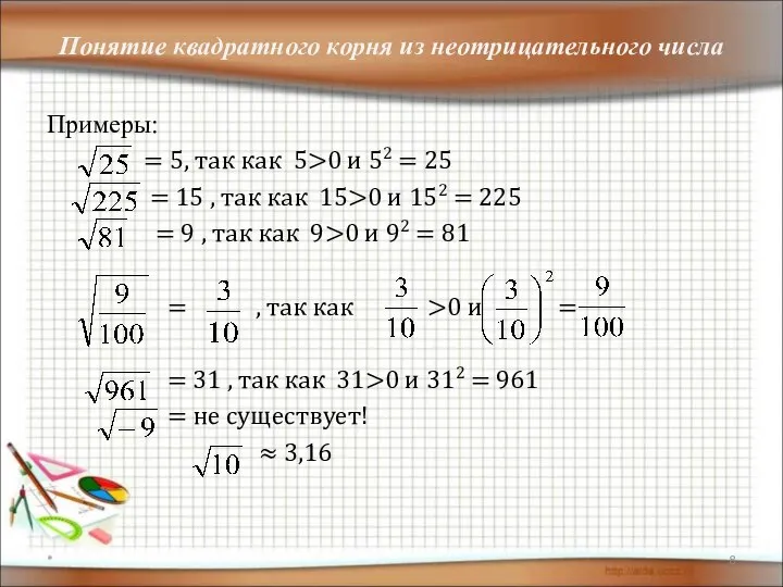 Понятие квадратного корня из неотрицательного числа Примеры: = 5, так как