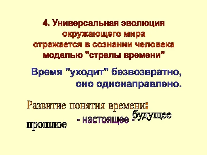 Время "уходит" безвозвратно, оно однонаправлено. Развитие понятия времени: 4. Универсальная эволюция