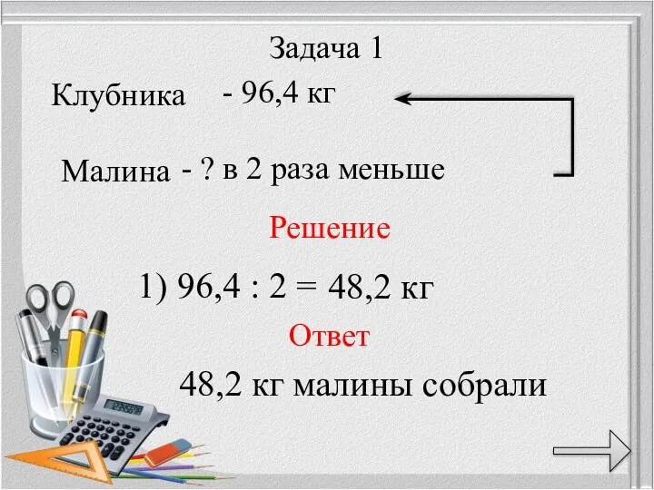 Задача 1 Решение 1) 96,4 : 2 = 48,2 кг Ответ 48,2 кг малины собрали