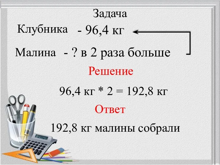 Задача Решение 96,4 кг * 2 = 192,8 кг Ответ 192,8 кг малины собрали