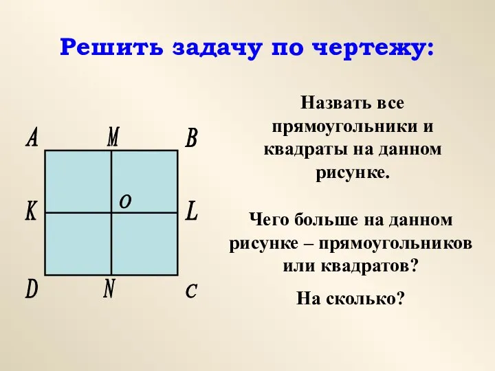 Решить задачу по чертежу: Назвать все прямоугольники и квадраты на данном