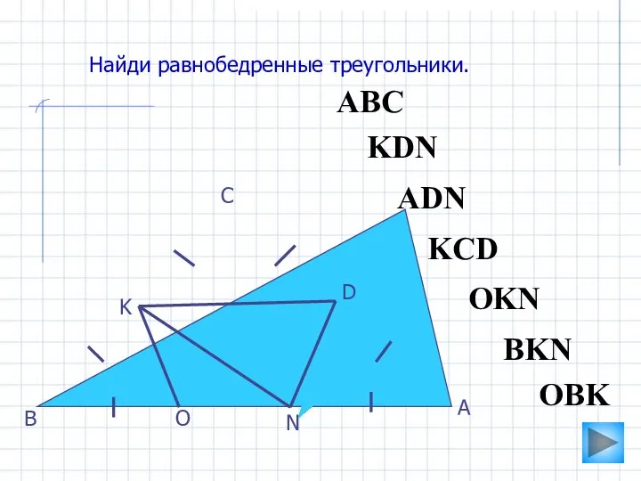 АВС O N K D С В А Найди равнобедренные треугольники.