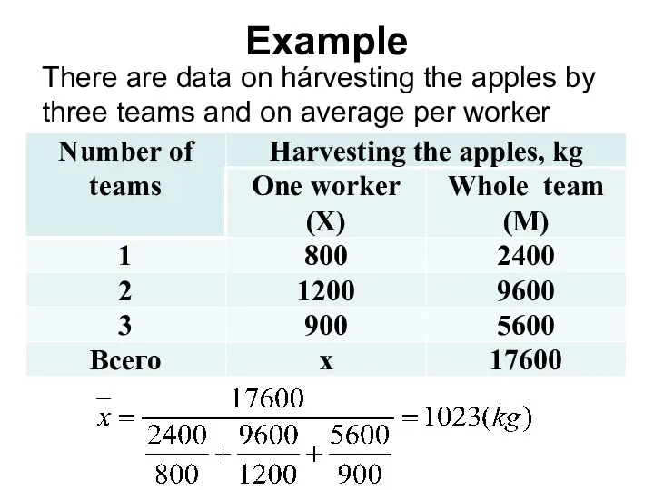 Example There are data on hárvesting the apples by three teams and on average per worker
