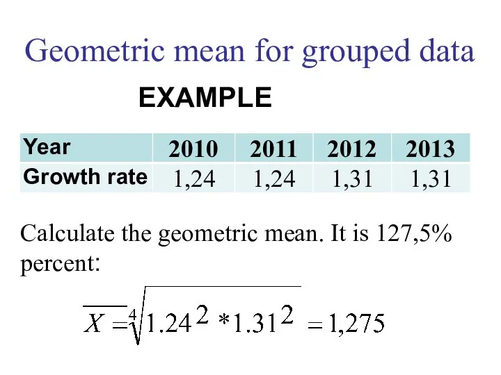 Calculate the geometric mean. It is 127,5% percent: Geometric mean for grouped data EXAMPLE