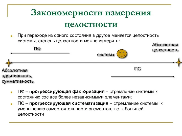 Закономерности измерения целостности При переходе из одного состояния в другое меняется