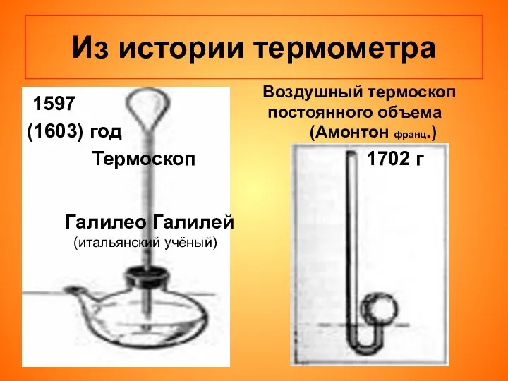 Из истории термометра 1597 (1603) год Термоскоп Галилео Галилей (итальянский учёный)