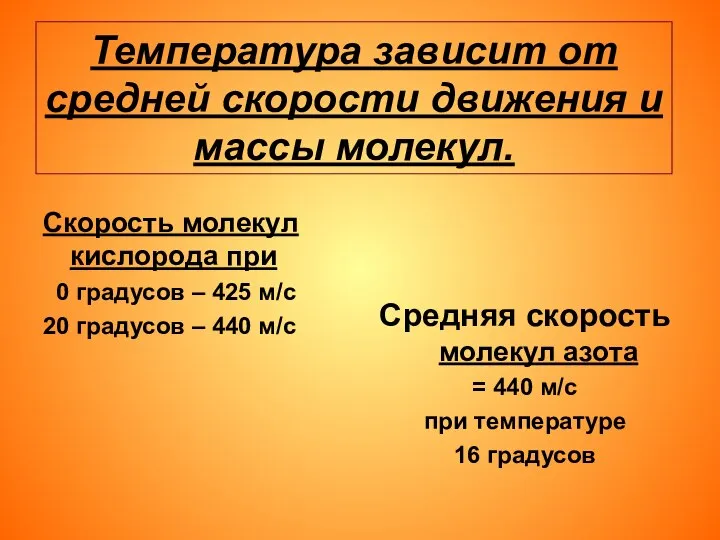 Температура зависит от средней скорости движения и массы молекул. Скорость молекул