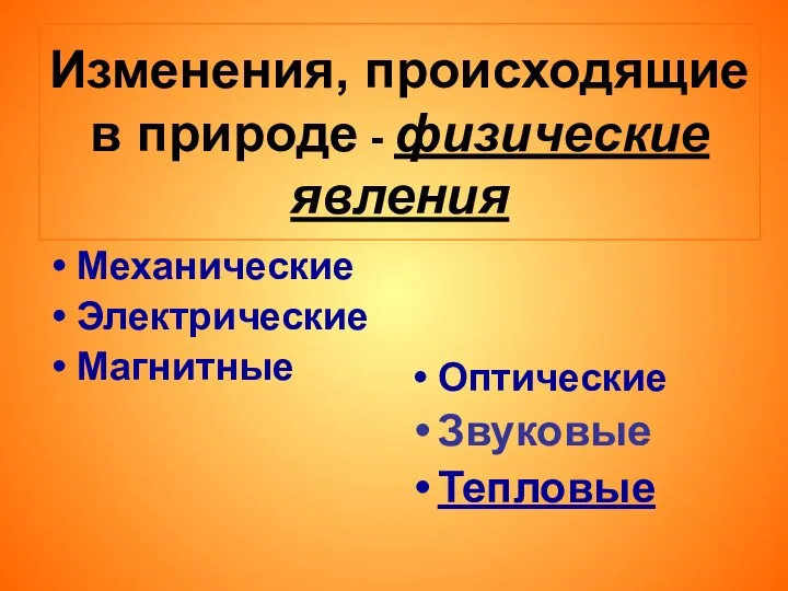 Изменения, происходящие в природе - физические явления Механические Электрические Магнитные Оптические Звуковые Тепловые