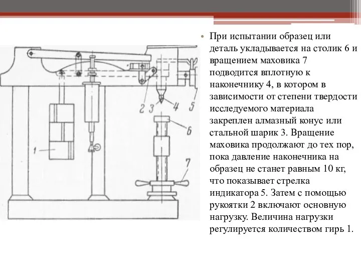 При испытании образец или деталь укладывается на столик 6 и вращением