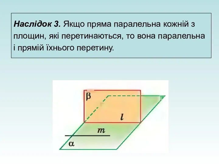 Наслідок 3. Якщо пряма паралельна кожній з площин, які перетинаються, то