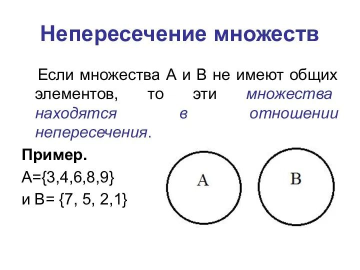 Непересечение множеств Если множества А и В не имеют общих элементов,