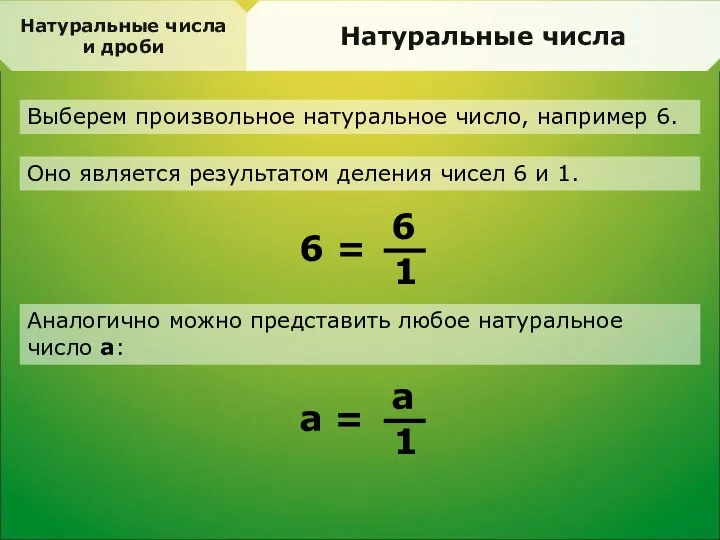 Натуральные числа и дроби Натуральные числа Выберем произвольное натуральное число, например
