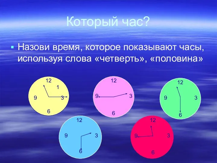 Который час? Назови время, которое показывают часы, используя слова «четверть», «половина»