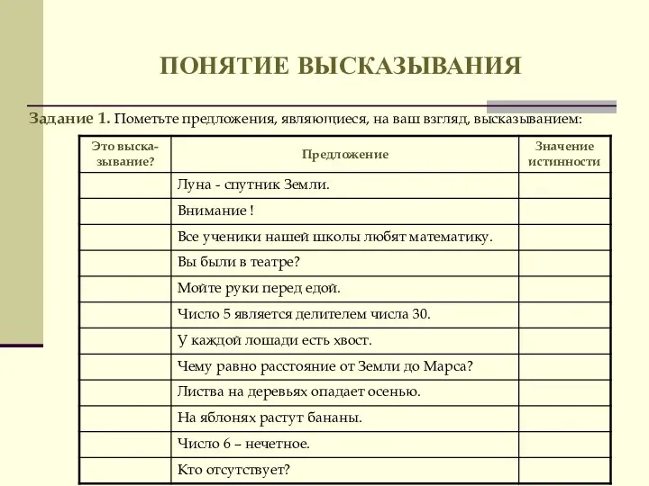 ПОНЯТИЕ ВЫСКАЗЫВАНИЯ Задание 1. Пометьте предложения, являющиеся, на ваш взгляд, высказыванием: