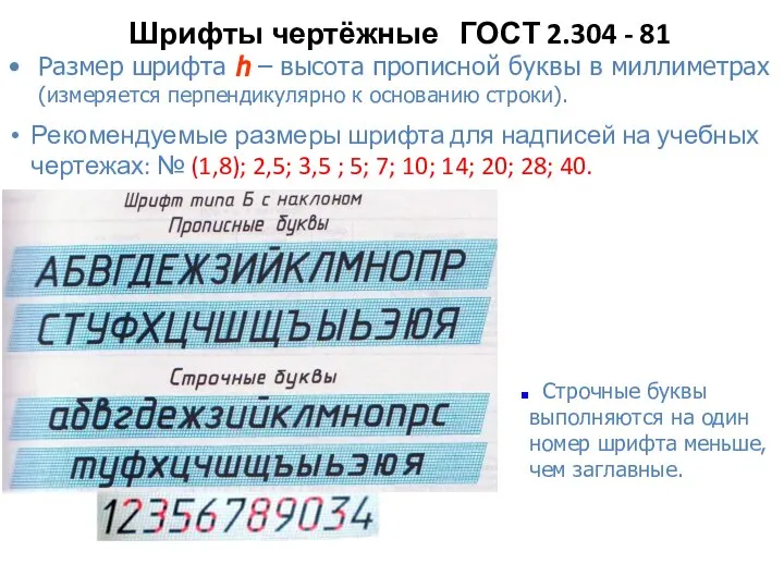 Шрифты чертёжные ГОСТ 2.304 - 81 Рекомендуемые размеры шрифта для надписей