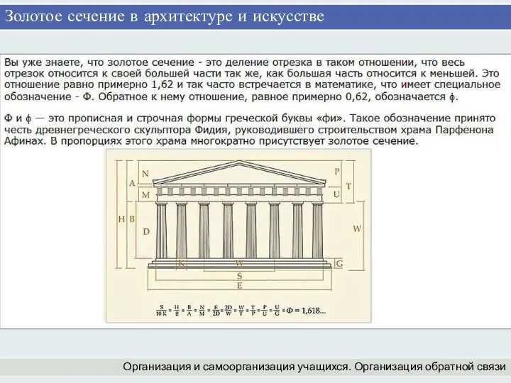 Золотое сечение в архитектуре и искусстве Организация и самоорганизация учащихся. Организация обратной связи