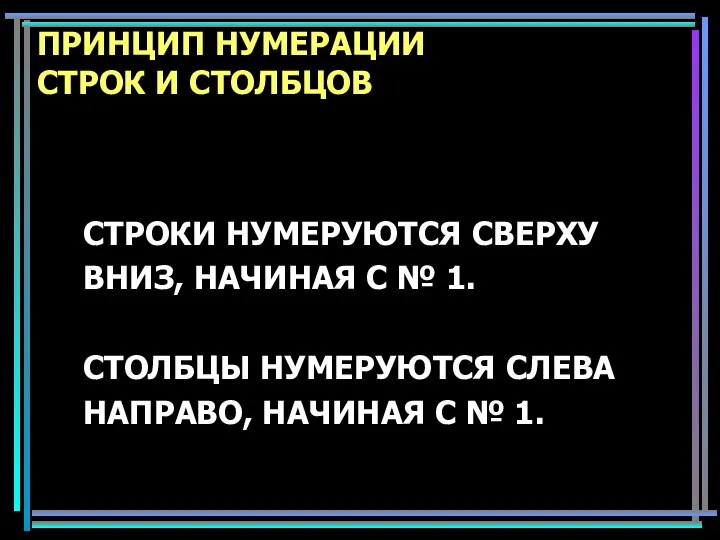 ПРИНЦИП НУМЕРАЦИИ СТРОК И СТОЛБЦОВ СТРОКИ НУМЕРУЮТСЯ СВЕРХУ ВНИЗ, НАЧИНАЯ С