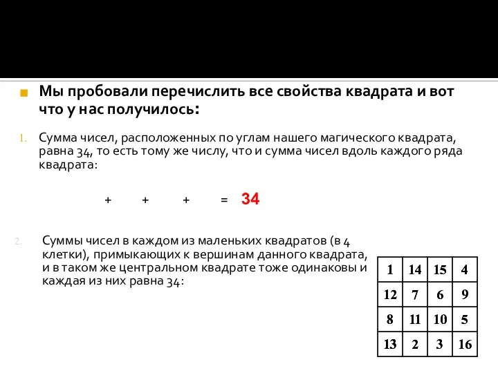 Мы пробовали перечислить все свойства квадрата и вот что у нас