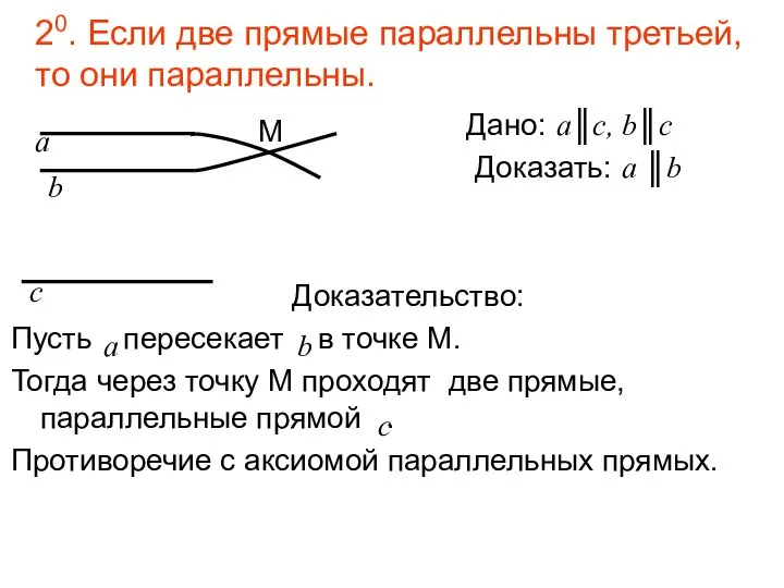 20. Если две прямые параллельны третьей, то они параллельны. Дано: а║c,