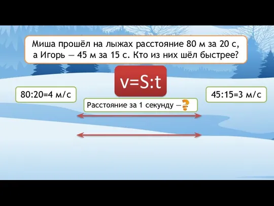 Миша прошёл на лыжах расстояние 80 м за 20 с, а