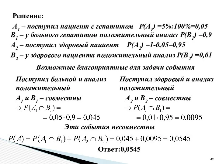 А1 – поступил пациент с гепатитом Решение: Р(А1) =5%:100%=0,05 В1 –