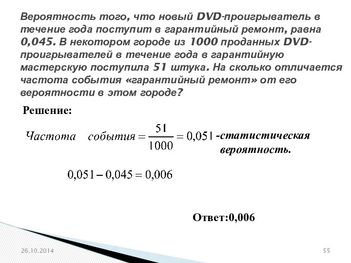 № 320195 Вероятность того, что новый DVD-проигрыватель в течение года поступит