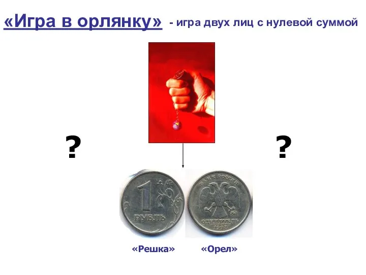 ? ? «Орел» «Решка» «Игра в орлянку» - игра двух лиц с нулевой суммой