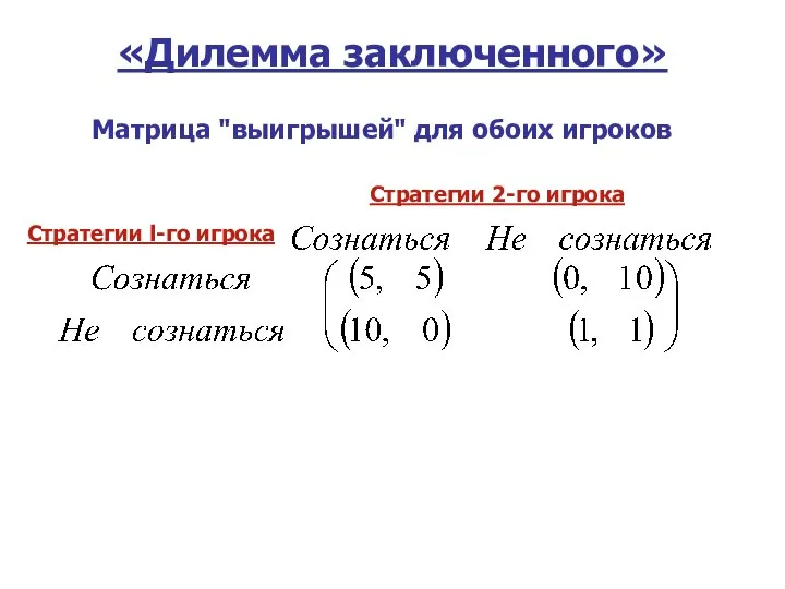 Стратегии 2-го игрока Стратегии l-го игрока «Дилемма заключенного» Матрица "выигрышей" для обоих игроков