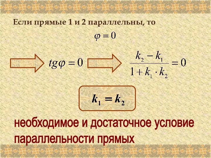 Если прямые 1 и 2 параллельны, то необходимое и достаточное условие параллельности прямых