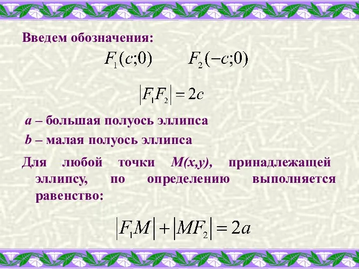 Введем обозначения: a – большая полуось эллипса b – малая полуось