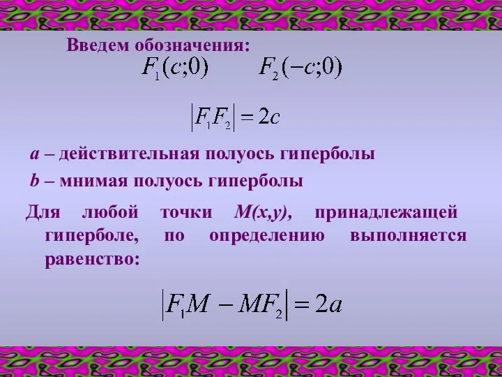 Введем обозначения: a – действительная полуось гиперболы b – мнимая полуось