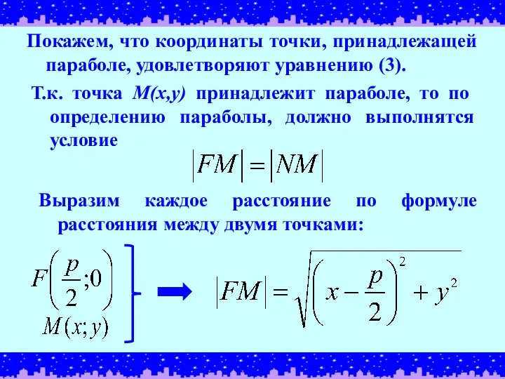 Покажем, что координаты точки, принадлежащей параболе, удовлетворяют уравнению (3). Т.к. точка