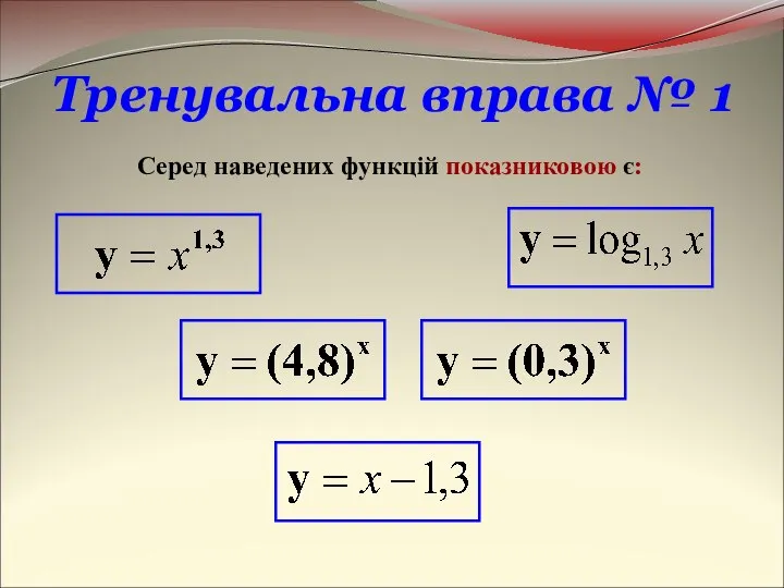 Тренувальна вправа № 1 Серед наведених функцій показниковою є: