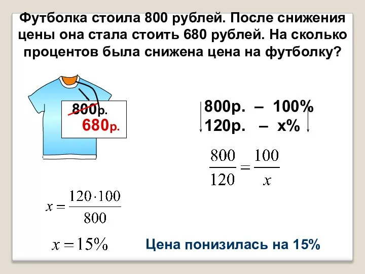 Футболка стоила 800 рублей. После снижения цены она стала стоить 680