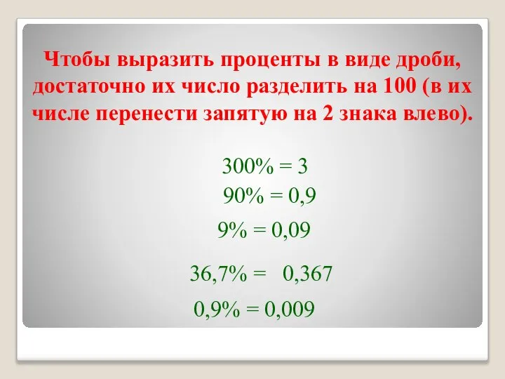 Чтобы выразить проценты в виде дроби, достаточно их число разделить на