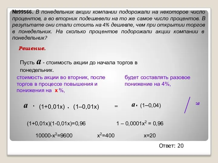 №99566. В понедельник акции компании подорожали на некоторое число процентов, а