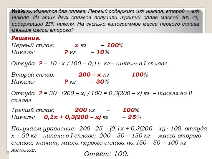 Решение. Первый сплав: х кг – 100% Никель: ? кг –