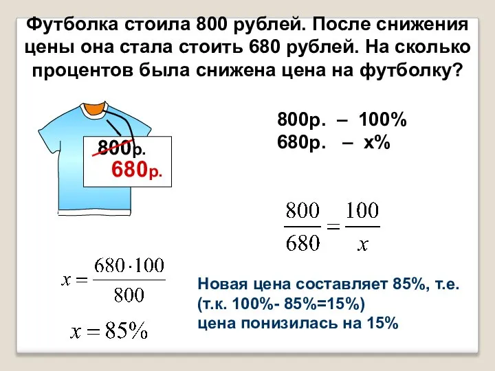 Футболка стоила 800 рублей. После снижения цены она стала стоить 680