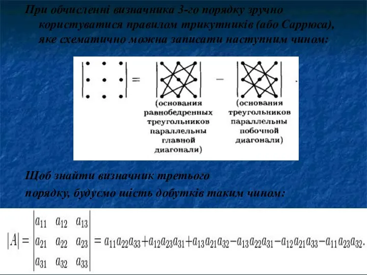 При обчисленні визначника 3-го порядку зручно користуватися правилом трикутників (або Саррюса),