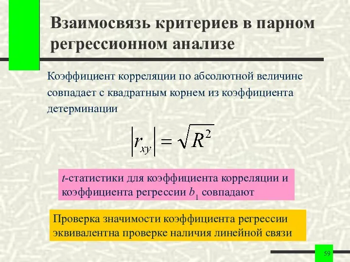 Взаимосвязь критериев в парном регрессионном анализе Коэффициент корреляции по абсолютной величине